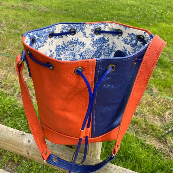 Blue & Orange Leather Duffle Bucket Bag