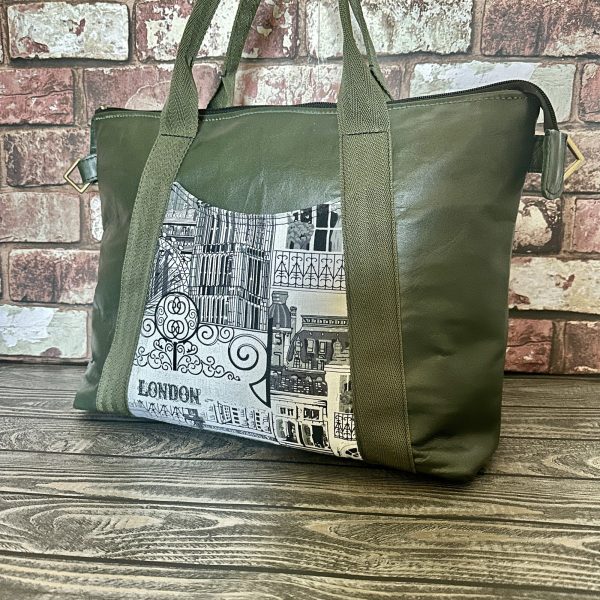 Greenleatherbagwith London print