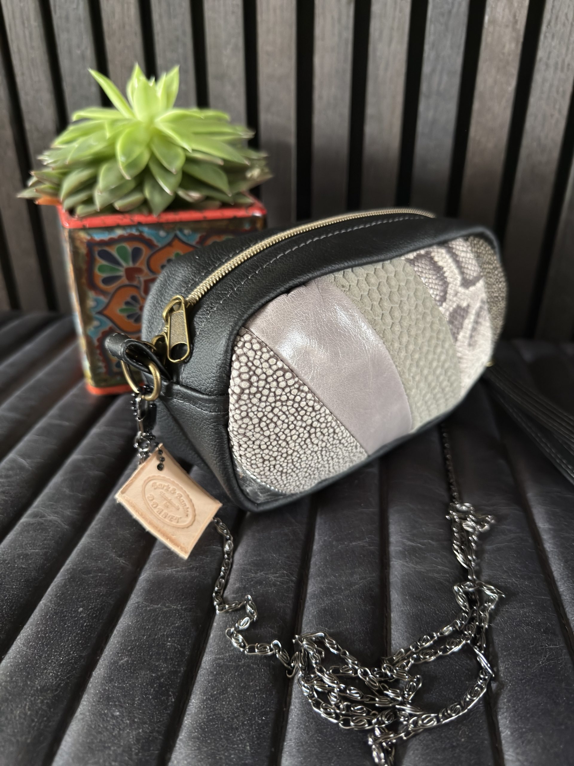 Black Leather Patchwork Evening Bag