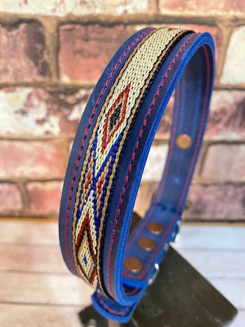 Side view of Beautifu l Blue Leather Dog Collar with Native American Pattern Webbing