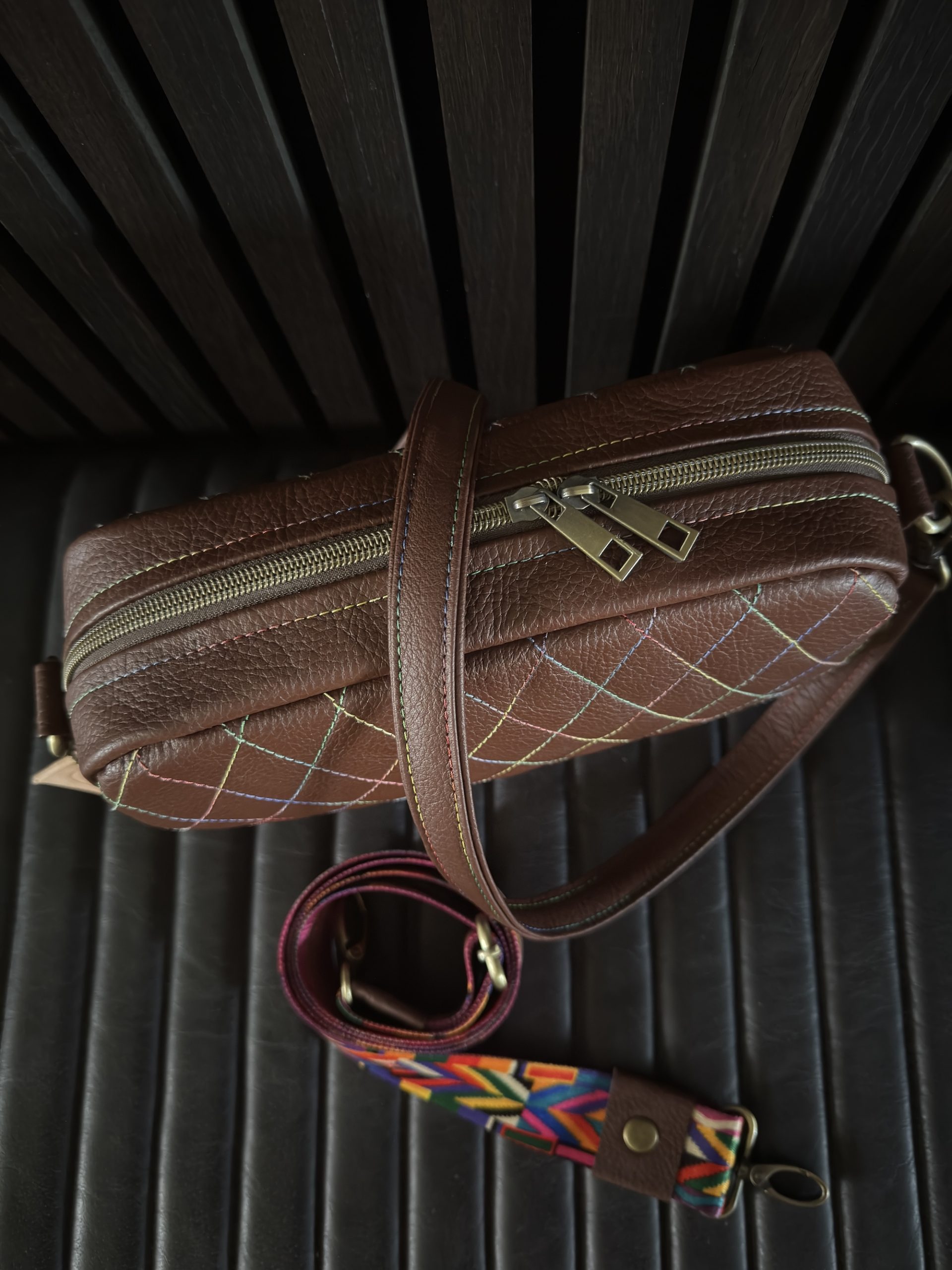Brown Leather Rainbow Stitch Quilted Bag - Image 4