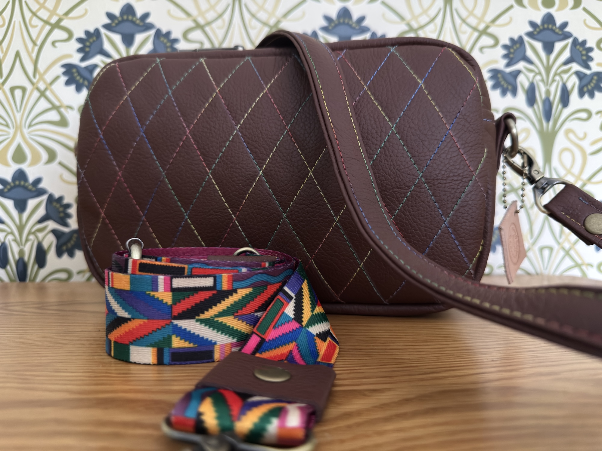 Brown Leather Rainbow Stitch Quilted Bag - Image 2