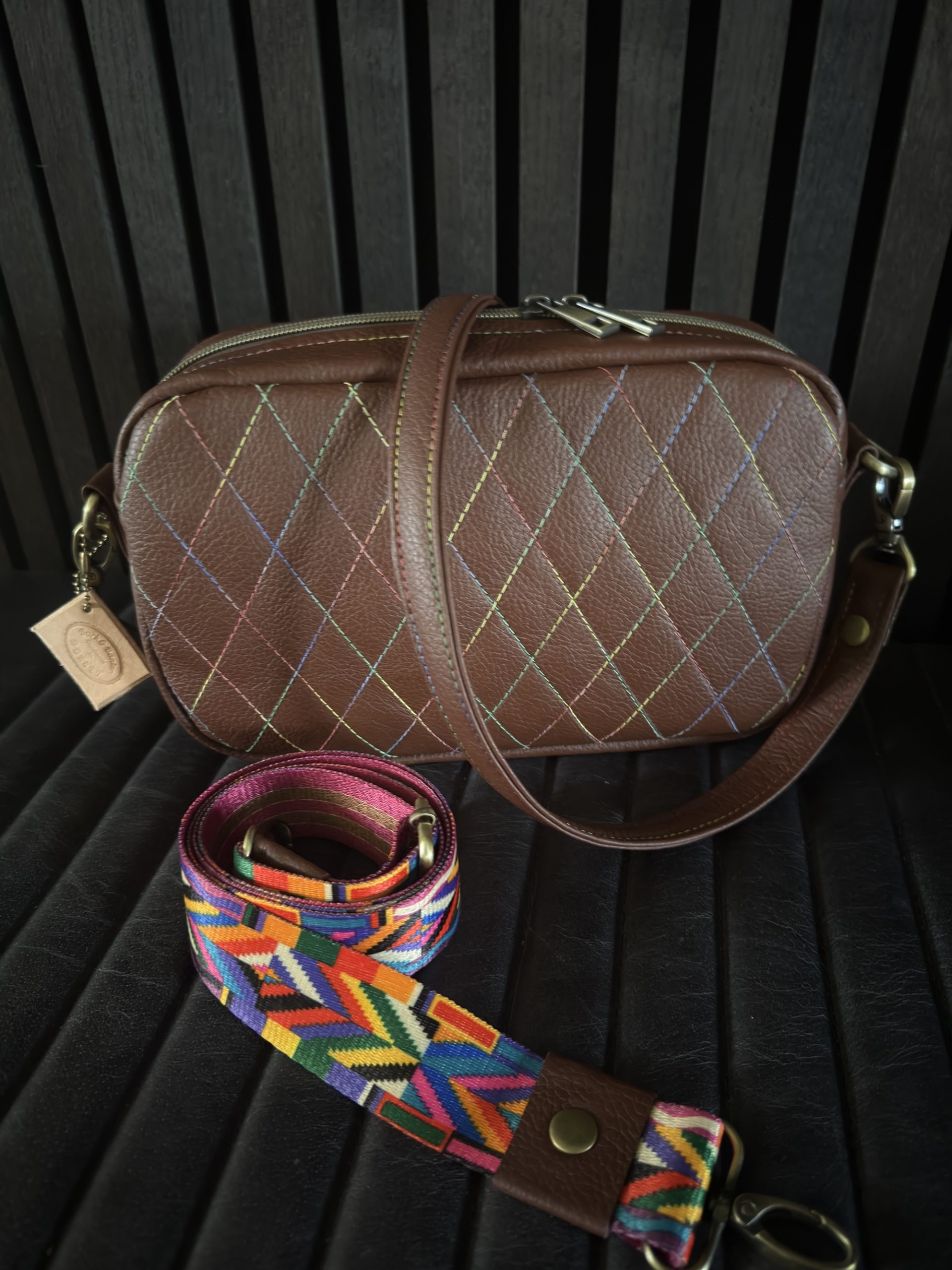 Brown Leather Rainbow Stitch Quilted Bag