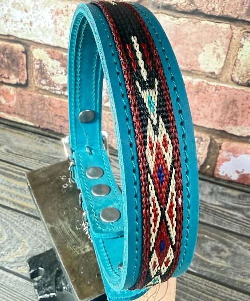 Turquoise Blue Leather Dog Collar with Navajo Pattern Webbing
