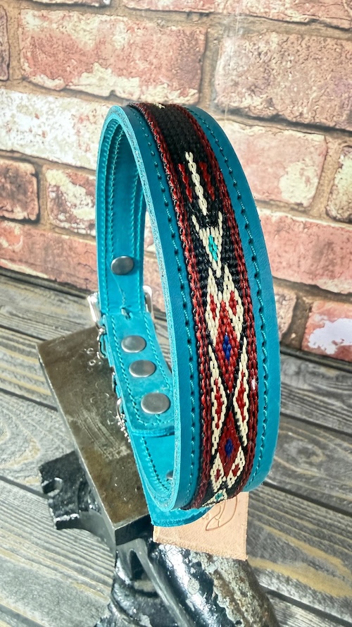 Turquoise Blue Leather Dog Collar with Navajo Pattern Webbing